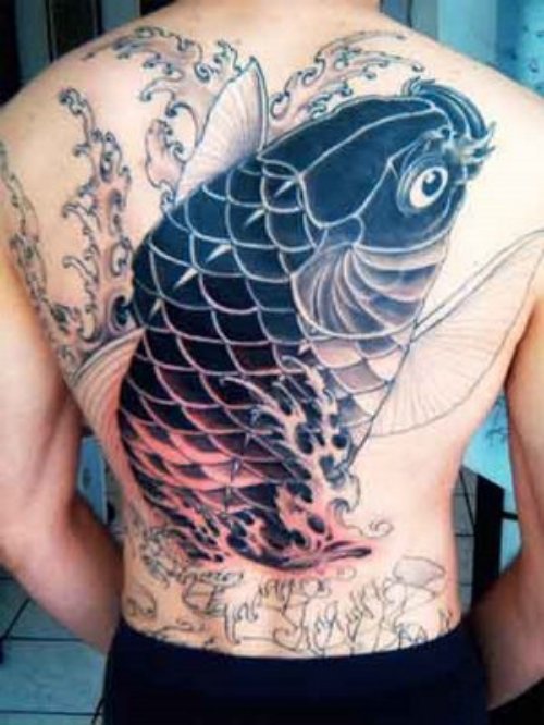 Man Back Body Carp Fish Tattoo On Back